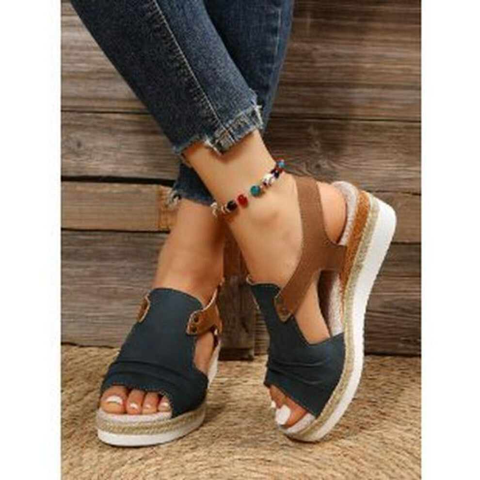 (navy blue, 41) Women's 2023 Large Size Straw Wedge Sandals with Open Toe and Ankle Strap