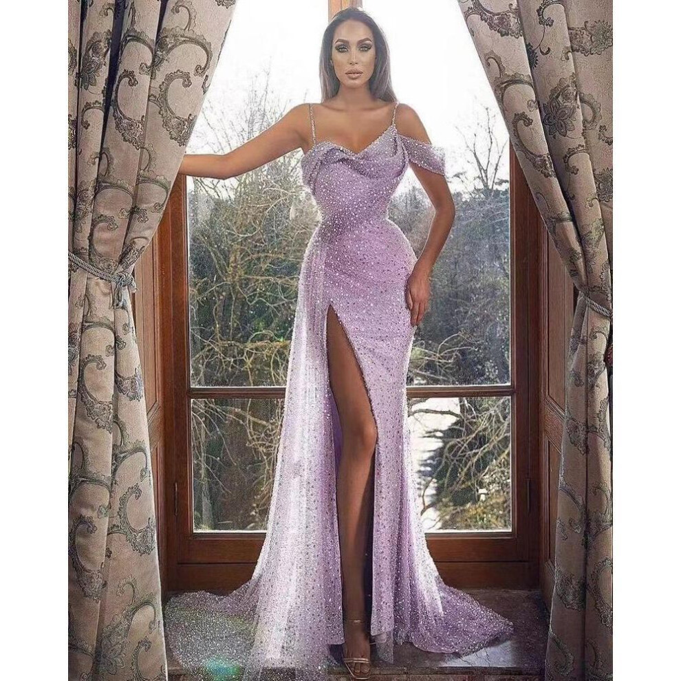 (violet, Medium) "2025 European & American Women's Evening Dress: Sequin Slit, Irregular Hem, Long Skirt With Suspenders