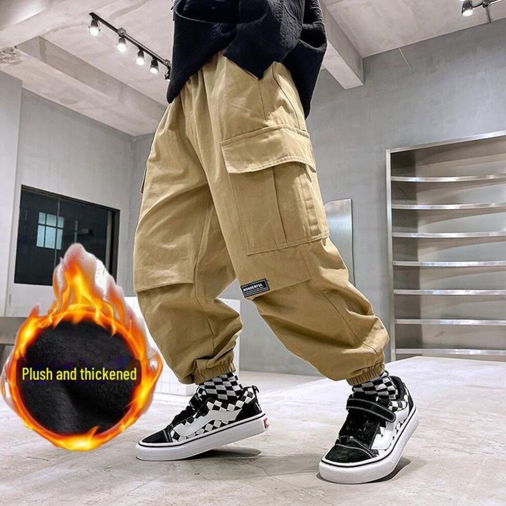 (khaki, 130 cm) "boys' 2023 Autumn/winter Plus Velvet Thick Leggings: Versatile Overalls For Older Kids