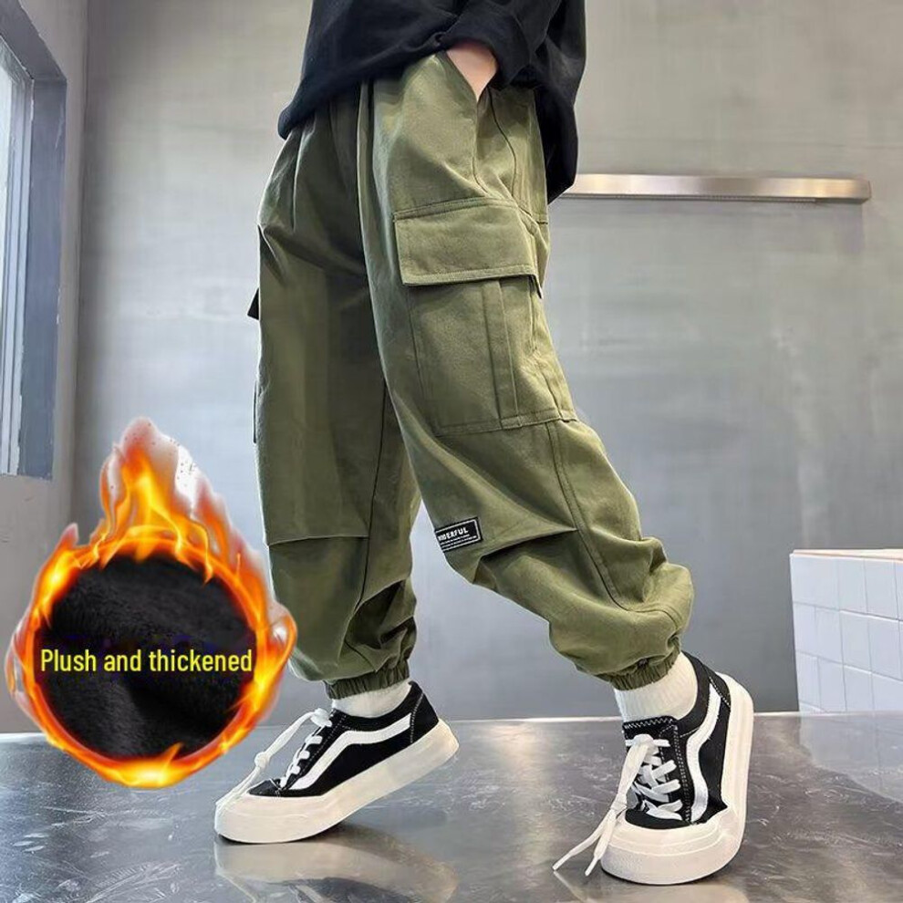 (army green, 150 cm) "boys' 2023 Autumn/winter Plus Velvet Thick Leggings: Versatile Overalls For Older Kids
