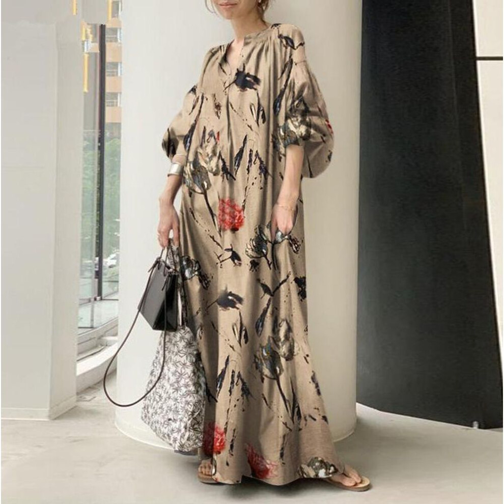 (beige, S) "2023 Women's Casual V-Neck Cotton & Linen Long Plus Size Dress