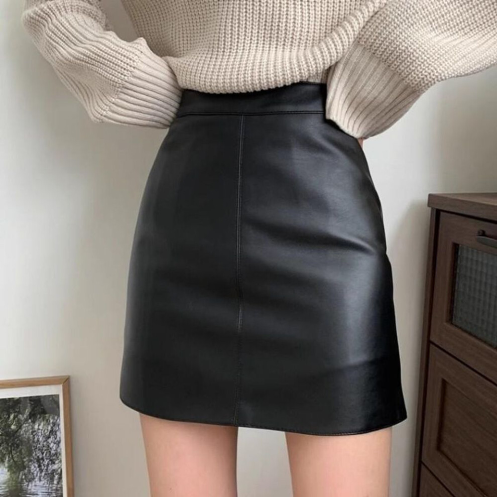 (black, S) "Black PU Leather Slim A-line Skirt: Women's Hip-Hugging, All-Match for Autumn/Winter