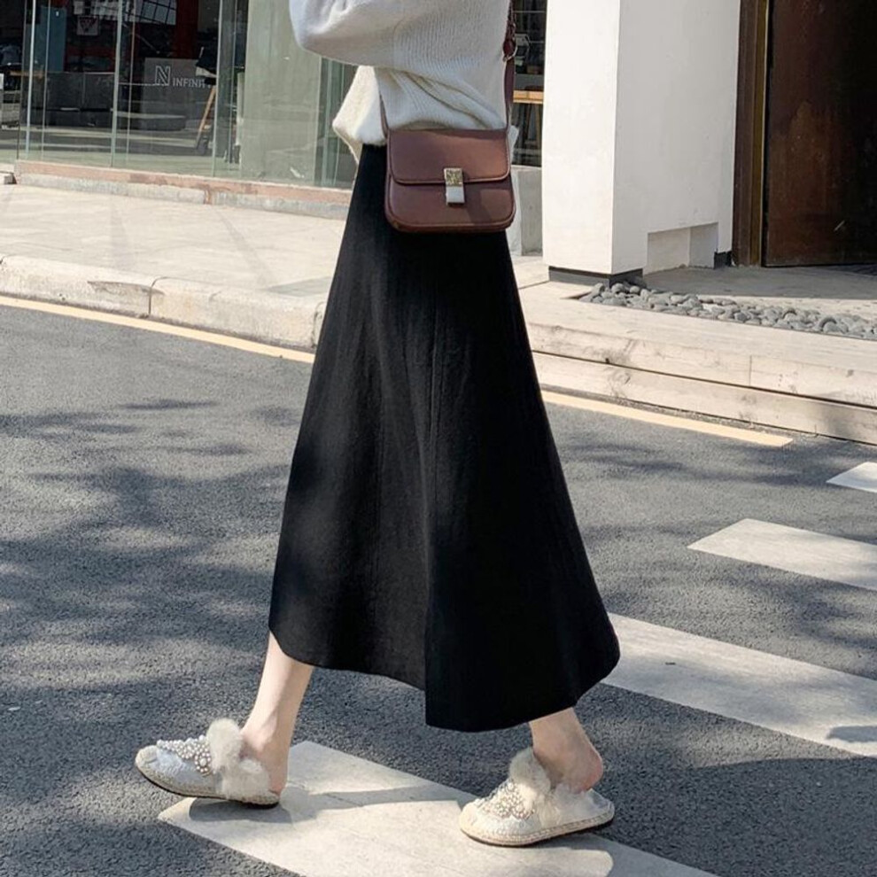 (black, One Size) Women's High-Waisted A-Line Wool Skirt with Sweater - Hip-Covering, Slimming, Medium-Length for Autumn/Winter