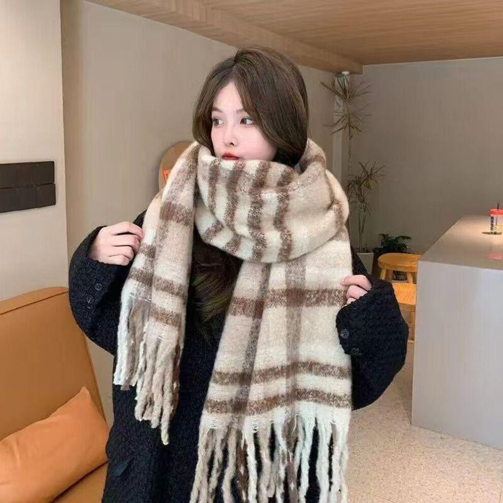 (beige,coffee) "high-end Korean Plaid Scarf - Tassel Neck Warmer For Women & Men