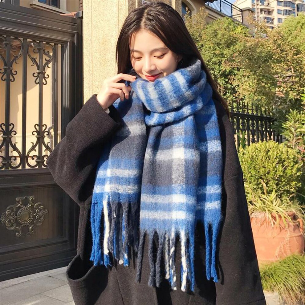 (blue) "high-end Korean Plaid Scarf - Tassel Neck Warmer For Women & Men
