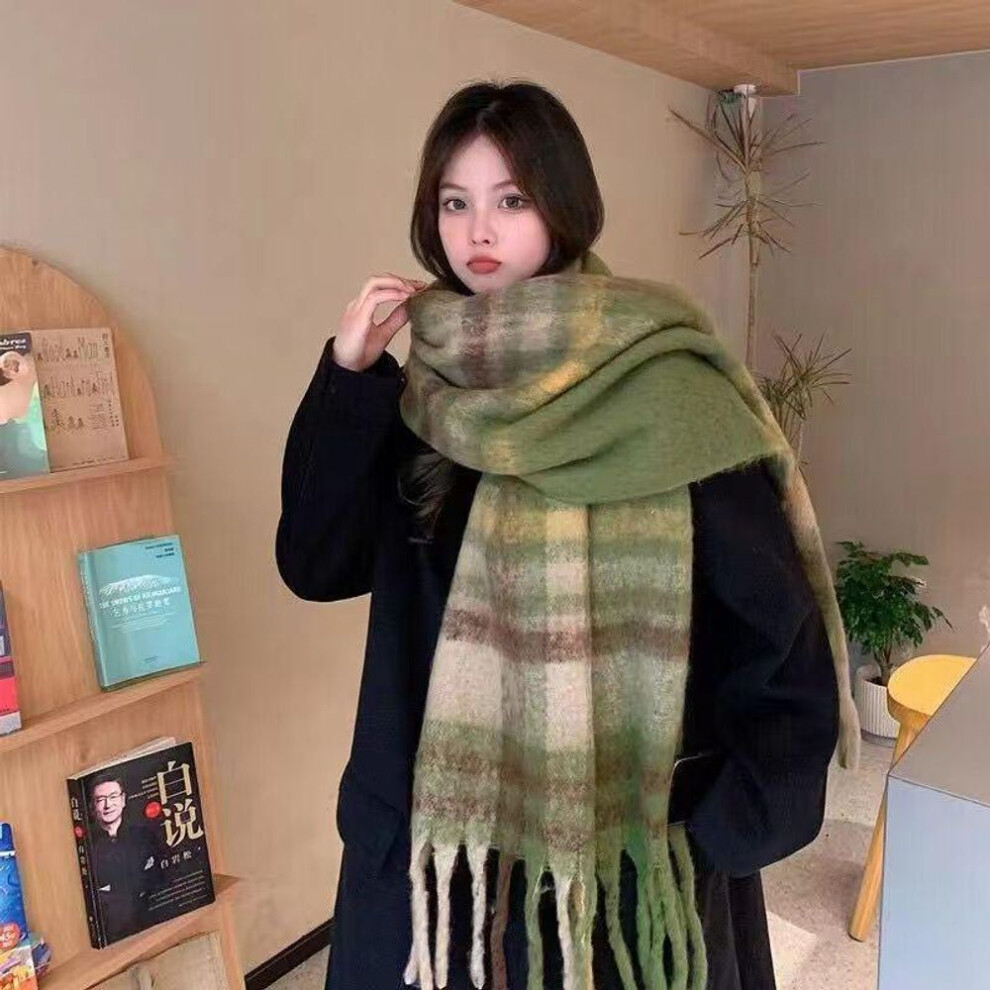 (army green) "high-end Korean Plaid Scarf - Tassel Neck Warmer For Women & Men