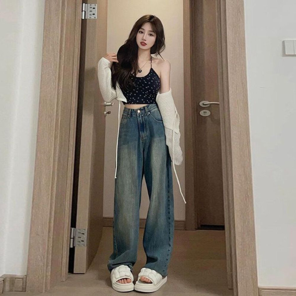 (M) Women's High-Waist Wide-Leg Distressed Jeans - Retro, Slimming, Hip-Covering Floor-Length Pants