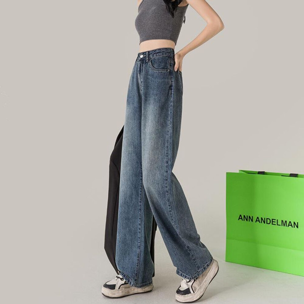 (Medium) Women's Retro Distressed High-waisted Wide-leg Jeans - Small Size, Loose Fit, Washed, Straight, Floor-length Trousers For Autumn/winter.