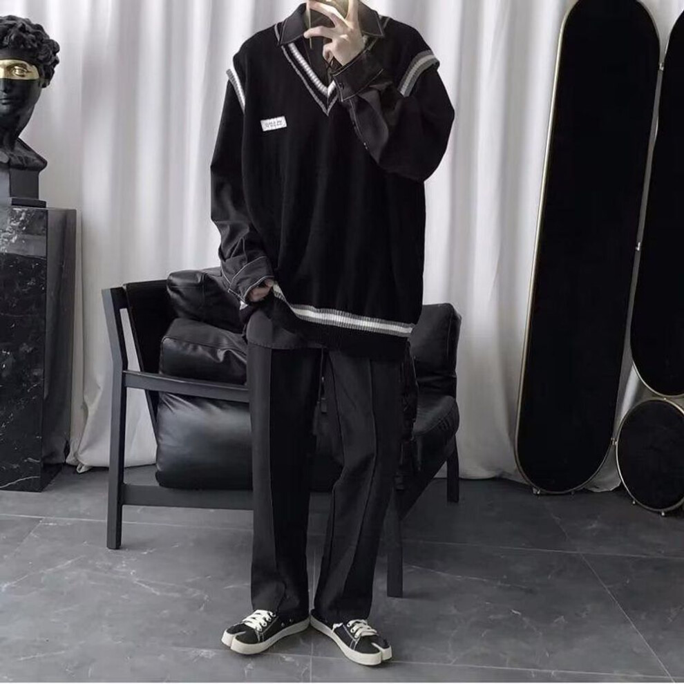 (black, L) "Japanese Retro Black Knitted V-Neck Sweater Vest for Men - College Style Spring & Autumn Layered Top