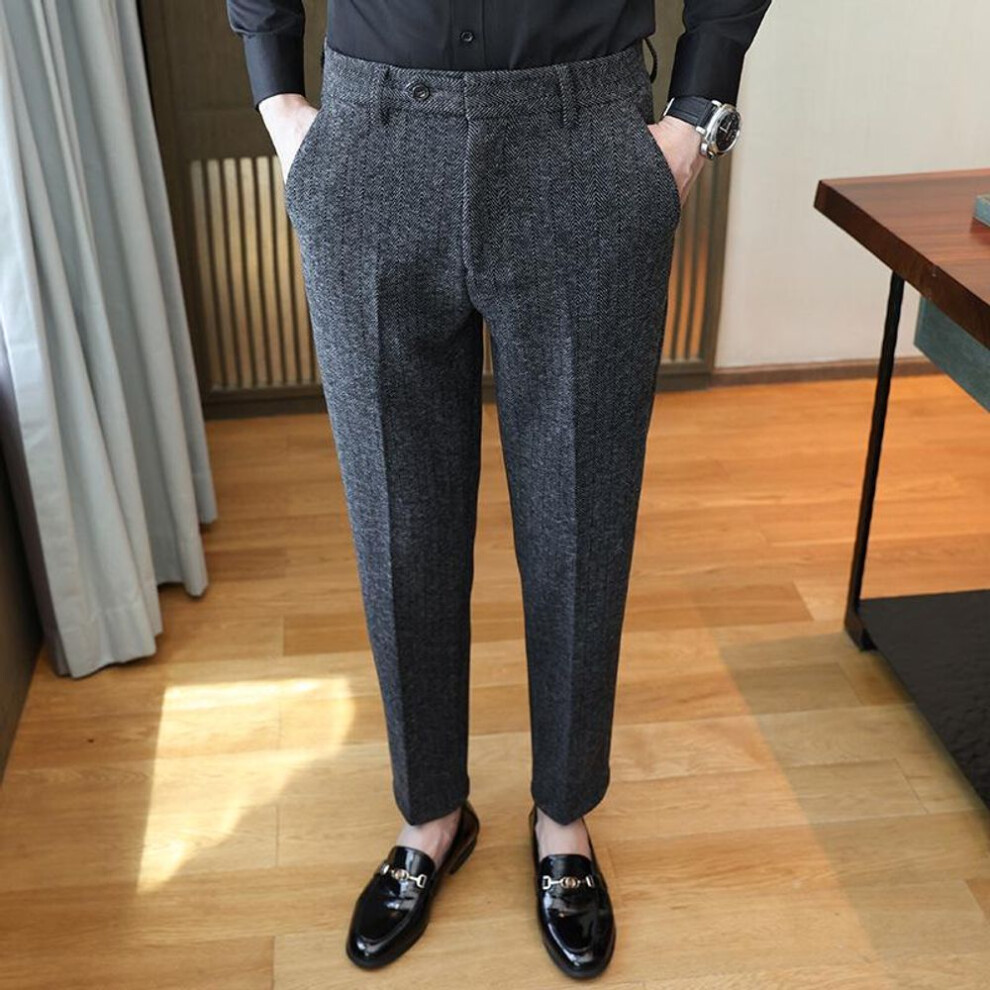(black, 30) Men's Slim Straight Woolen Striped Dress Trousers: Warm, High-End, Winter Casual Business.