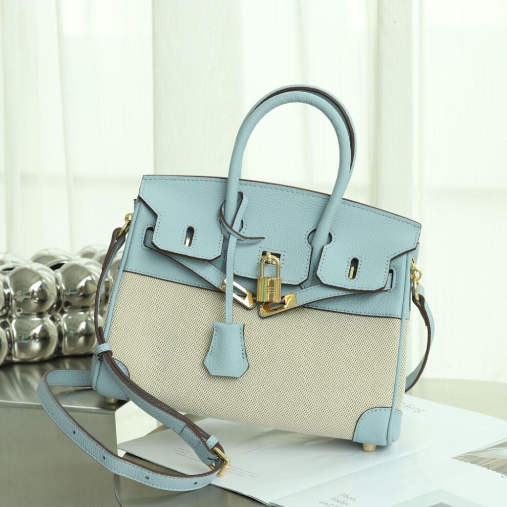 (linen,blue, 25cm x 13cm x 20cm) 2025 Stylish Women's Cowhide Canvas Leather Handbag: Trendy One-shoulder Small Square Underarm Bag