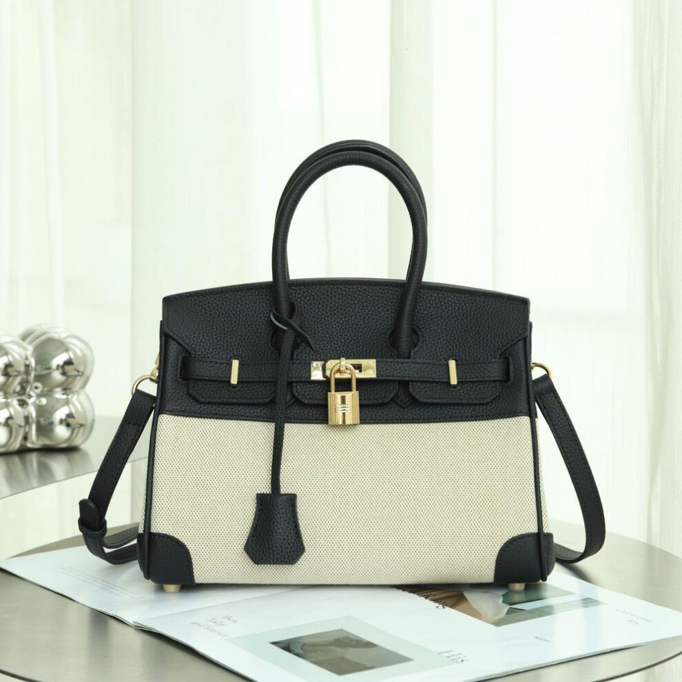 (black, 25cm x 13cm x 20cm) 2025 Stylish Women's Cowhide Canvas Leather Handbag: Trendy One-shoulder Small Square Underarm Bag