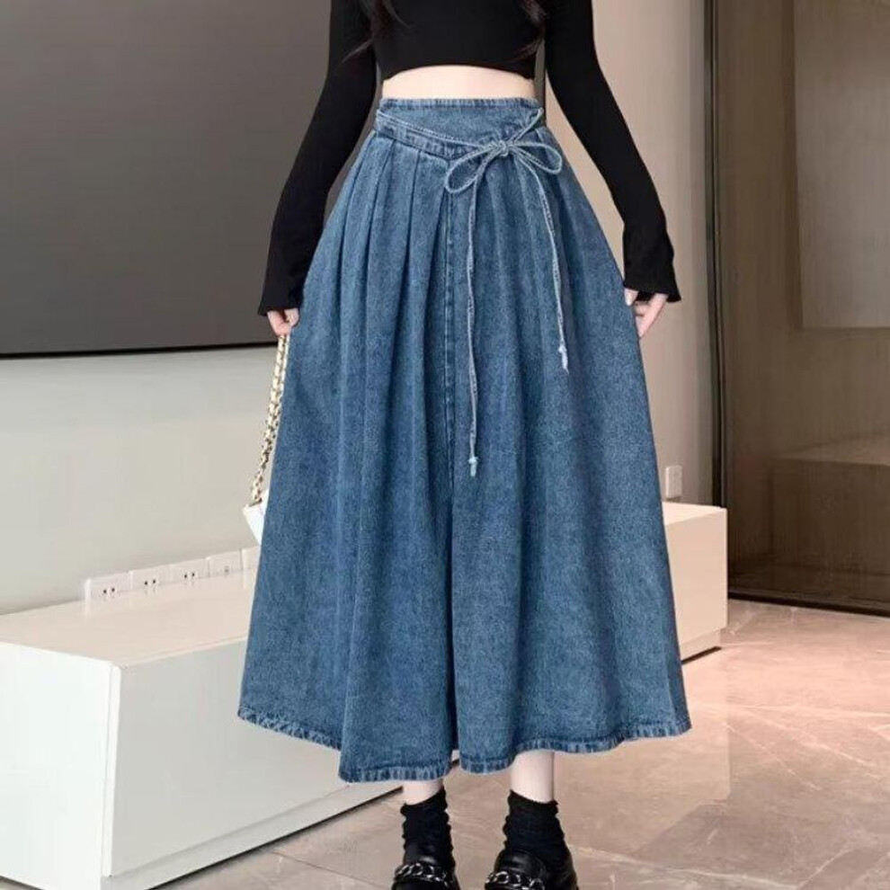 (dark blue, 3XL) "Women's High-Waisted A-Line Denim Skirt - Retro Strappy Design, Spring Collection