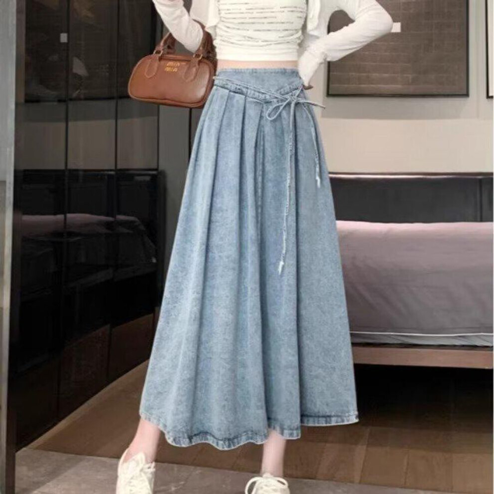 (light blue, Medium) "Women's High-Waisted A-Line Denim Skirt - Retro Strappy Design, Spring Collection