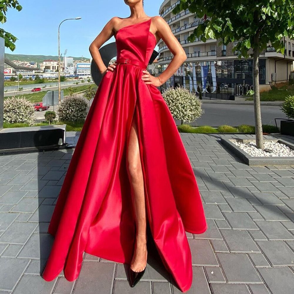 (red, L) Spring & Summer 2025 Women's One-shoulder Tube Top Slit Swing Dress
