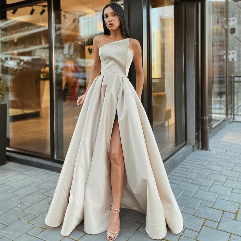 (apricot, XXL) Spring & Summer 2025 Women's One-Shoulder Tube Top Slit Swing Dress