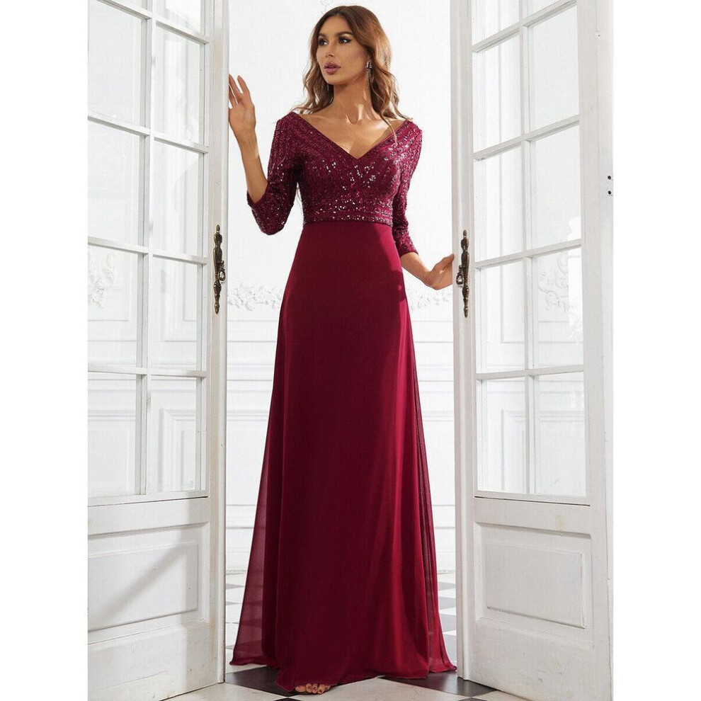 (wine red, S) Chiffon Double V-Neck A-Line Sequin Evening Dress for Women