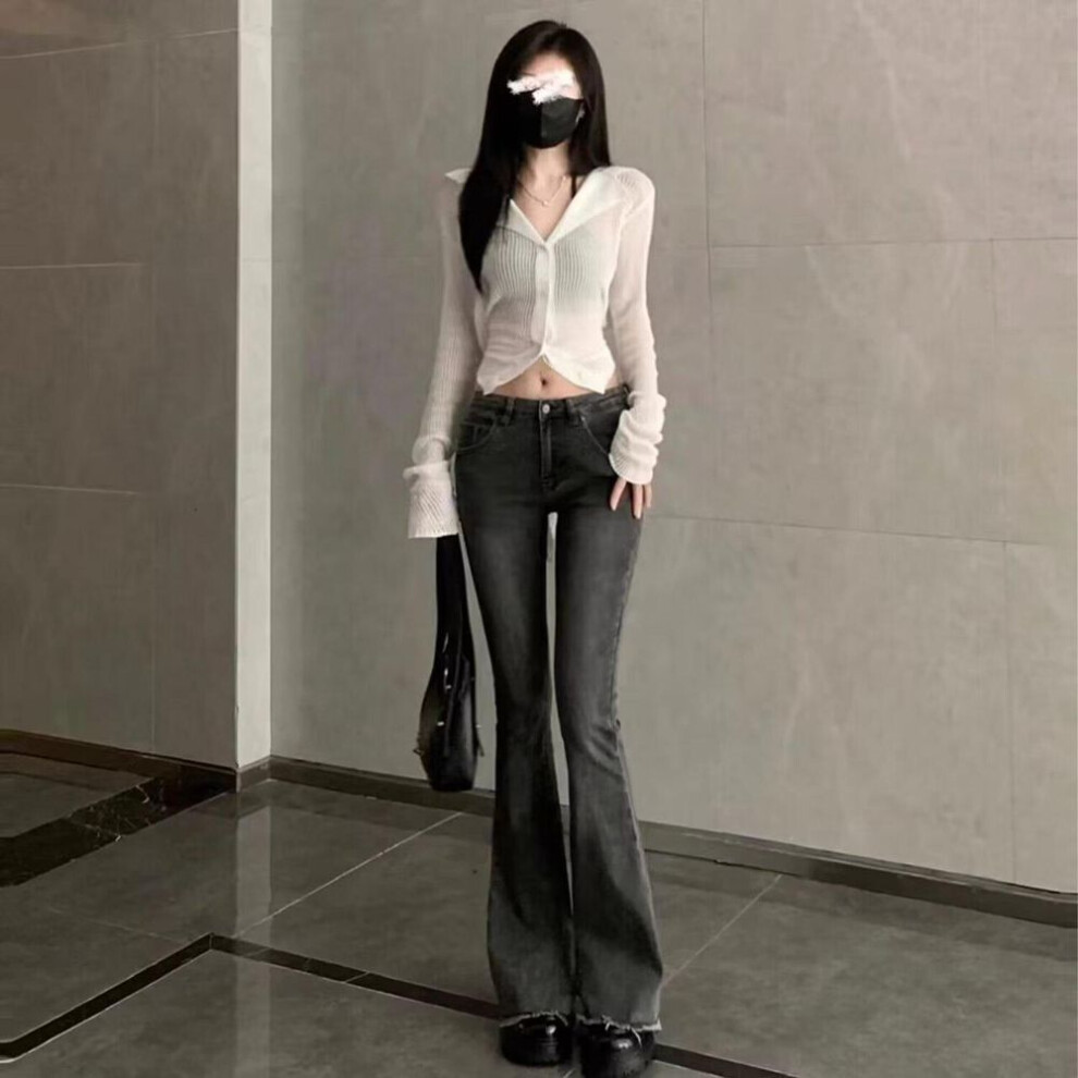 (gray, Medium) Retro Gray Low-Waist Flared Jeans for Women - Slimming Raw Edge Horseshoe Pants, Trendy Autumn Style
