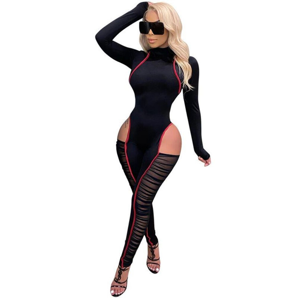 (black, 2XL) K9790 Sexy Contrast Color Mesh Splicing Jumpsuit for European and American Fashion