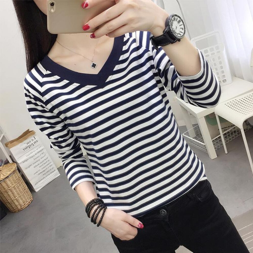(white,blue, M for 90-105 Jin) "Autumn 2023 Loose V-Neck Long-Sleeve Cotton T-Shirt for Women - Plus Size