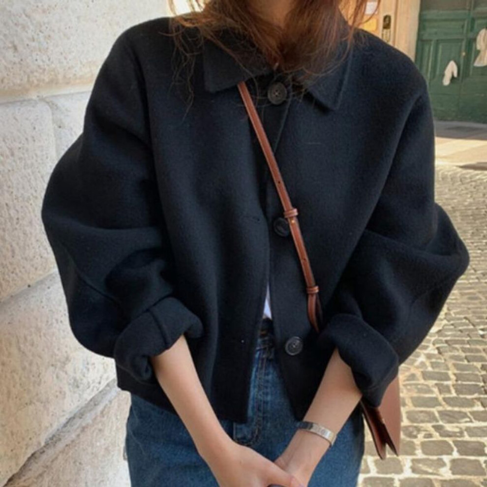 (black, L) Korean Chic Retro Puff Sleeve Wool Cardigan - Women's Autumn/Winter Short Coat