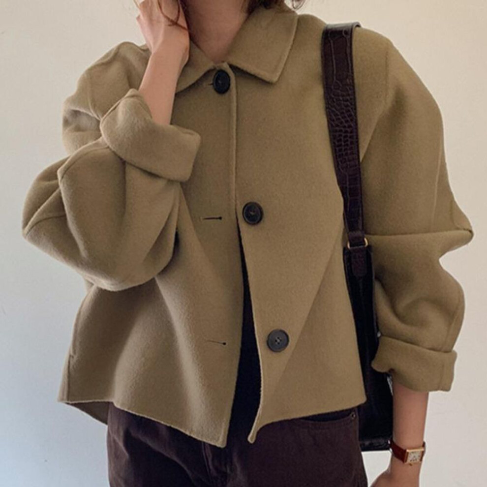 (khaki, 2XL) Korean Chic Retro Puff Sleeve Wool Cardigan - Women's Autumn/Winter Short Coat