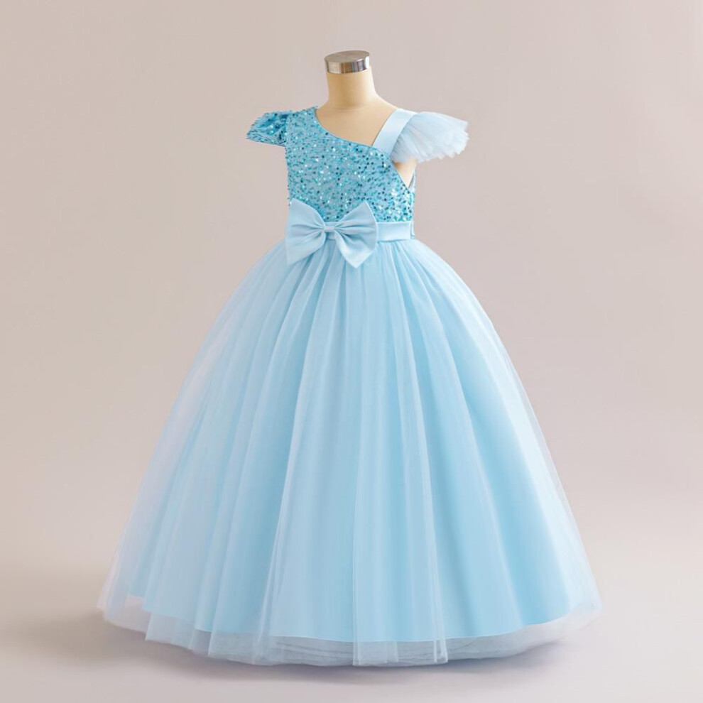 (sky blue, 140cm/9Y) Girls' Sequin Bow Wedding & Festival Dress For Piano Performance