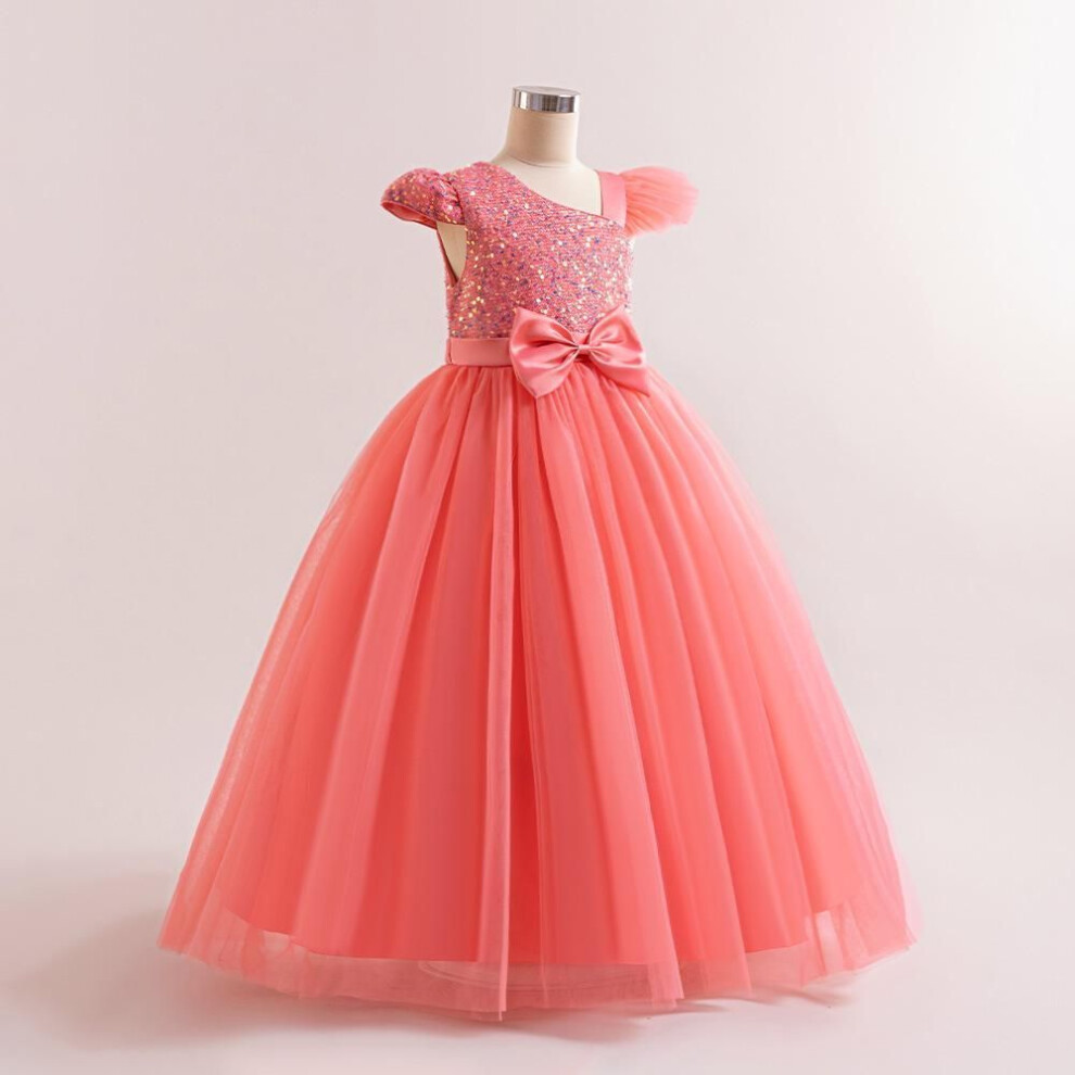 (watermelon red, 170cm/12Y) Girls' Sequin Bow Wedding & Festival Dress For Piano Performance