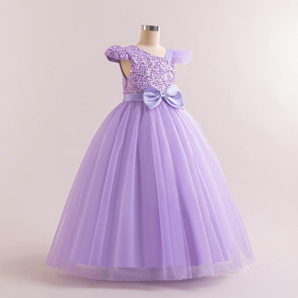(light purple, 170cm/12Y) Girls' Sequin Bow Wedding & Festival Dress For Piano Performance