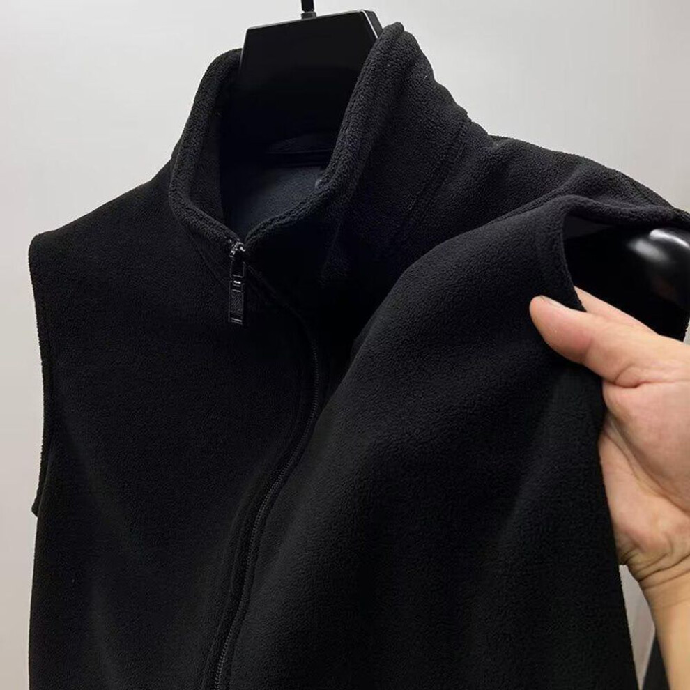 (black, 5XL) Men's Thickened Stand-Up Collar Fleece Vest - Solid Color, Zipper Jacket - Winter Sleeveless, All-Match