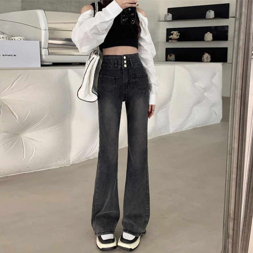 (black,gray, Large) Women's Black And Gray High-waisted Flared Jeans For Autumn/winter