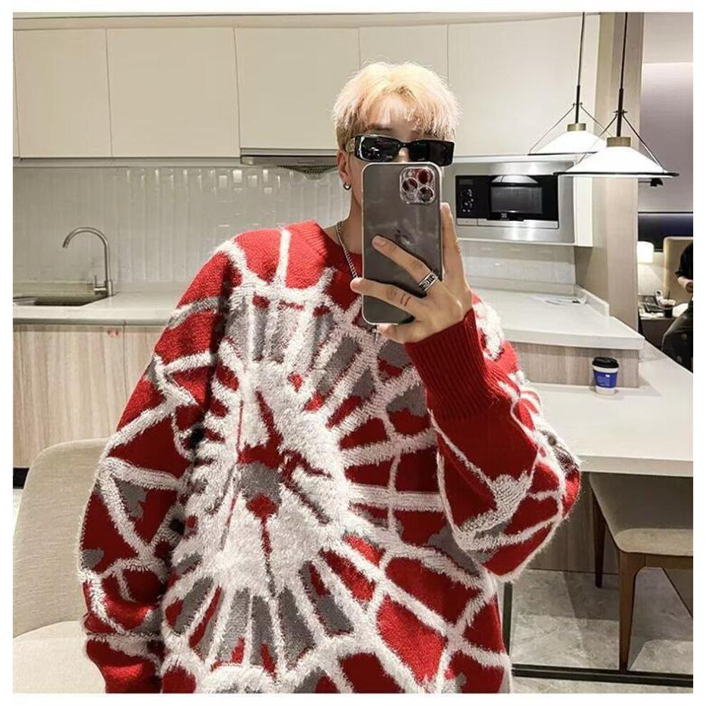 (red, XXXL) Men's Autumn/Winter Handsome Spider Jacquard Loose Knit Pullover Sweater