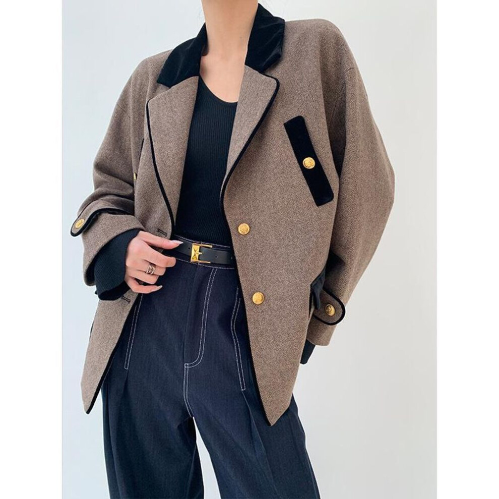 (Small) Women's Woolen Twill Contrast Stitching Velvet Jacket Coat - Autumn/Winter Fashion