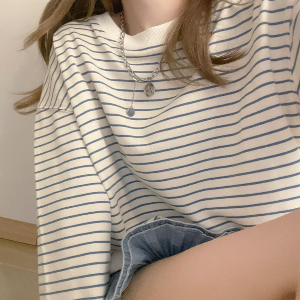 (XL) "Women's Oversize Striped Long-Sleeve Sweatshirt, Niche Design, Slimming, Available in Large Sizes for Spring and Summer