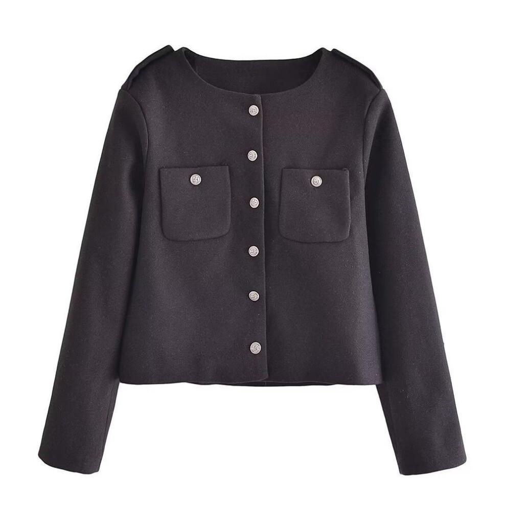 (black, Medium) European And American Women's 2023 Short Woolen Top Coat With Round Neck