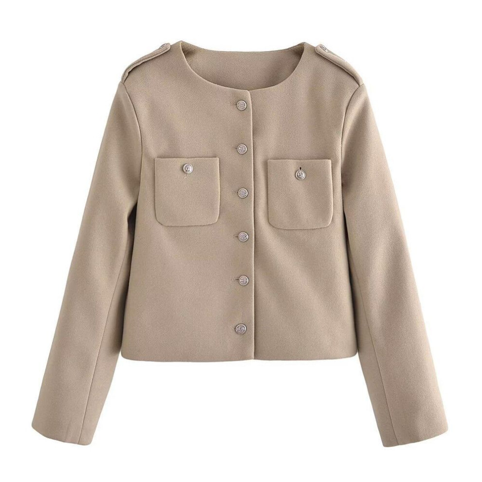 (khaki, Small) European And American Women's 2023 Short Woolen Top Coat With Round Neck