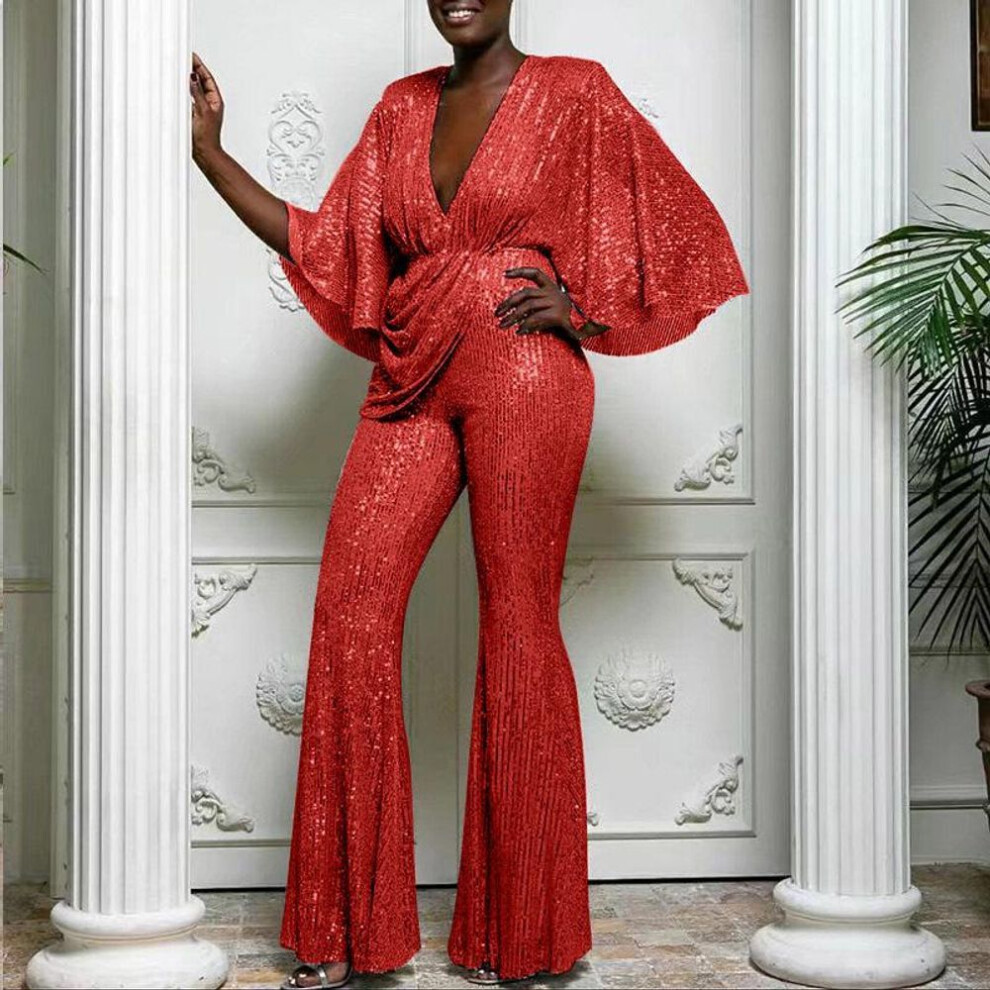 (red, M) 2025 Stylish Sequin Deep V Backless Women's Jumpsuit