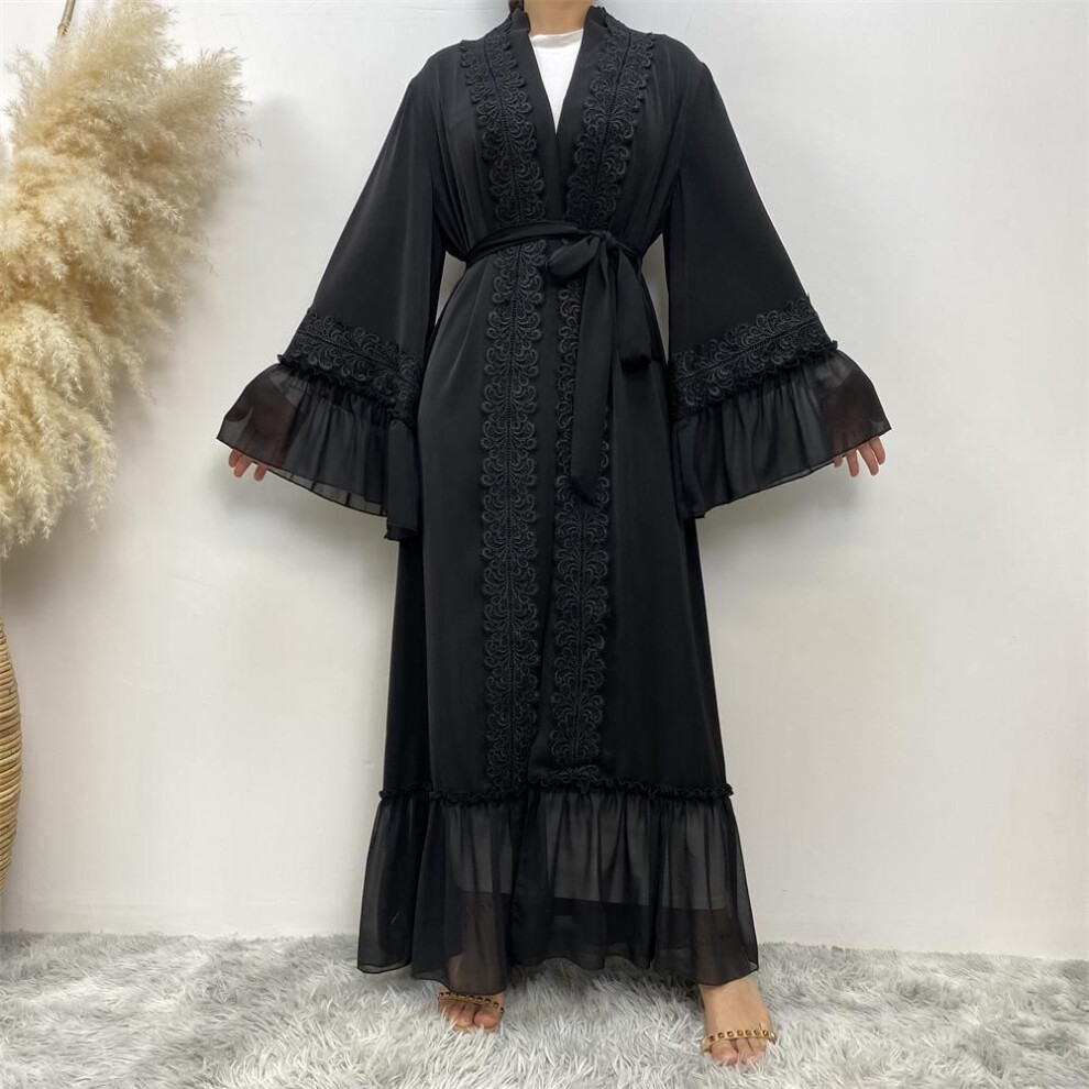 (black, L) "black Floral Embroidery Lace-up Muslim Cardigan Robe - Dubai 1963
