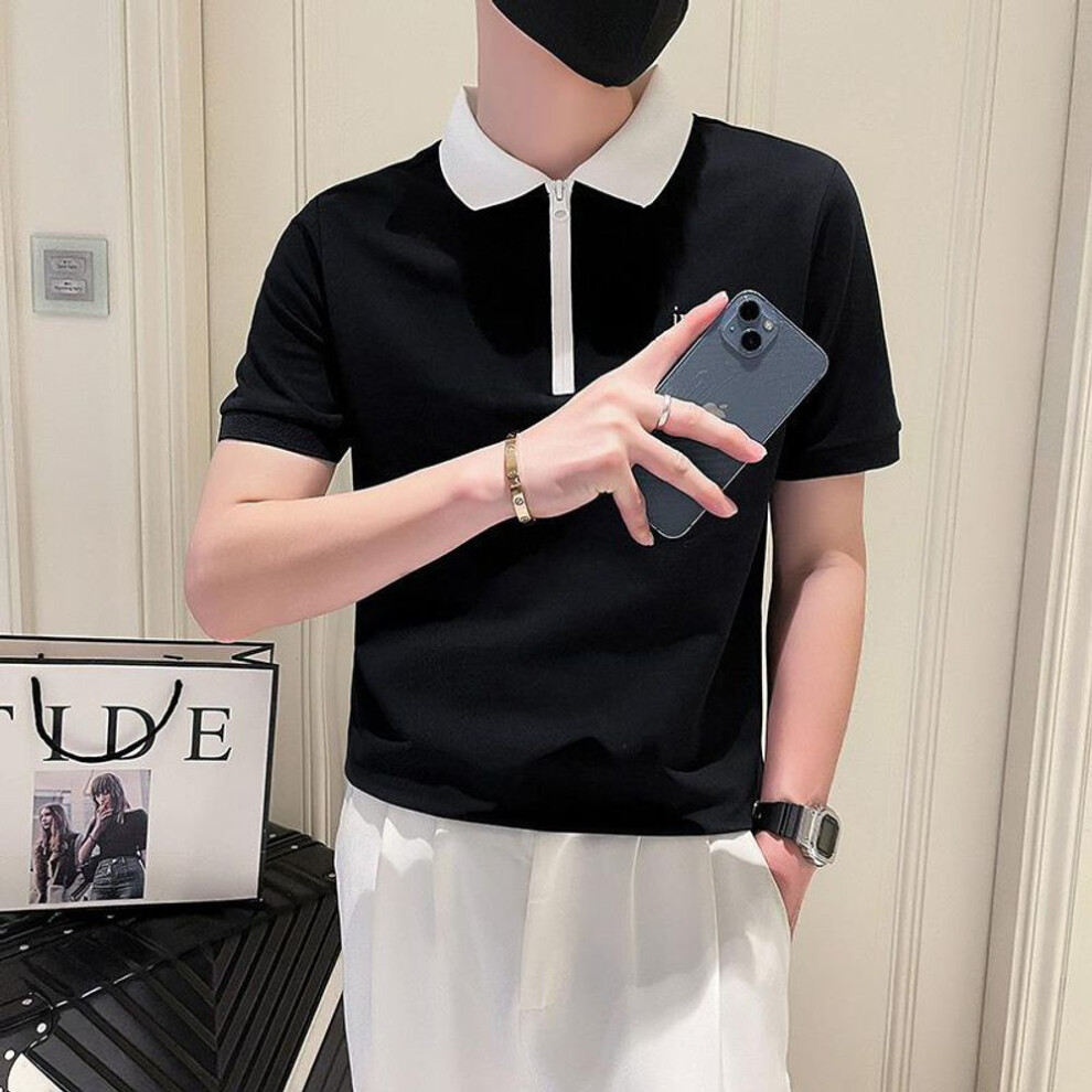 (black, M) Men's Half-Zip Short Sleeve Polo - Summer Thin Korean Fashion Lapel Tee