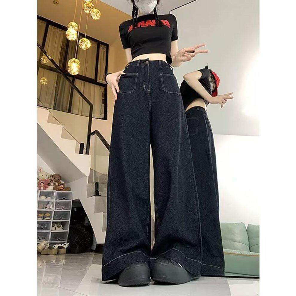 (black, M) Women's High-Waisted Retro Wide-Leg Jeans, Spring/Summer 2024.