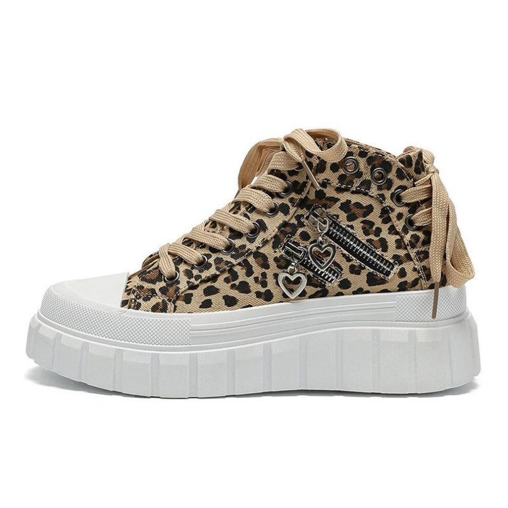 (leopard print, 39 (fits foot length 245mm)) Women's Large Size Platform Canvas Sneakers with Metal Zipper and Heart Decoration