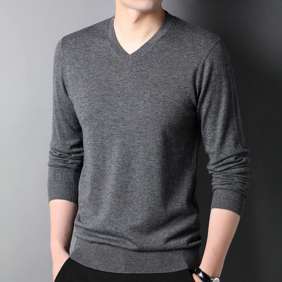 (grey, 175/92A) "Men's V-Neck 100% Pure Wool Sweater - Lightweight, All-Season Knit Top