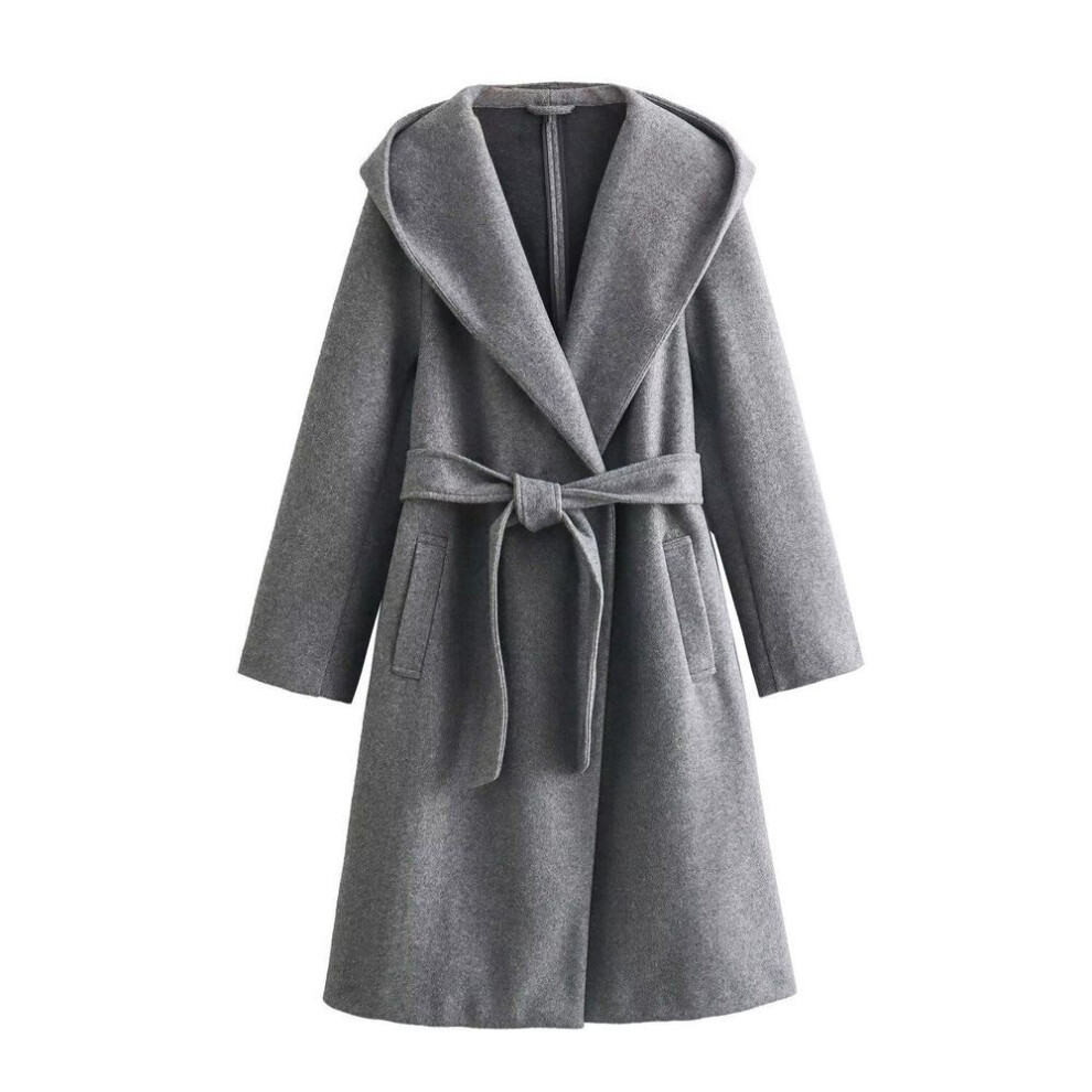 (gray, XS) 2024 Spring European & American Women's Solid Color Hooded Mid-Length Belted Woolen Coat