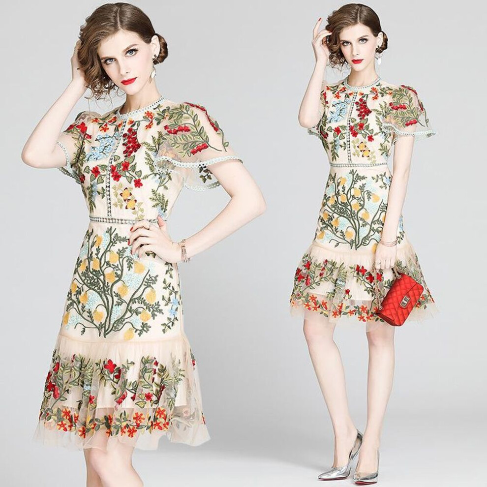 (apricot, XXL) European & American Women's Lace Trim Short-Sleeve Mesh Embroidered Ruffle Dress