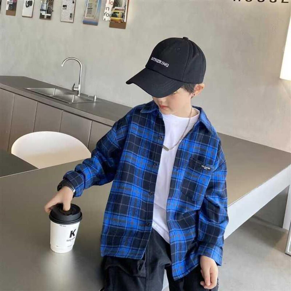 (blue, 140) "Boys' Plaid Long-Sleeve Shirt - Autumn 2022, Cool Street Style for Kids