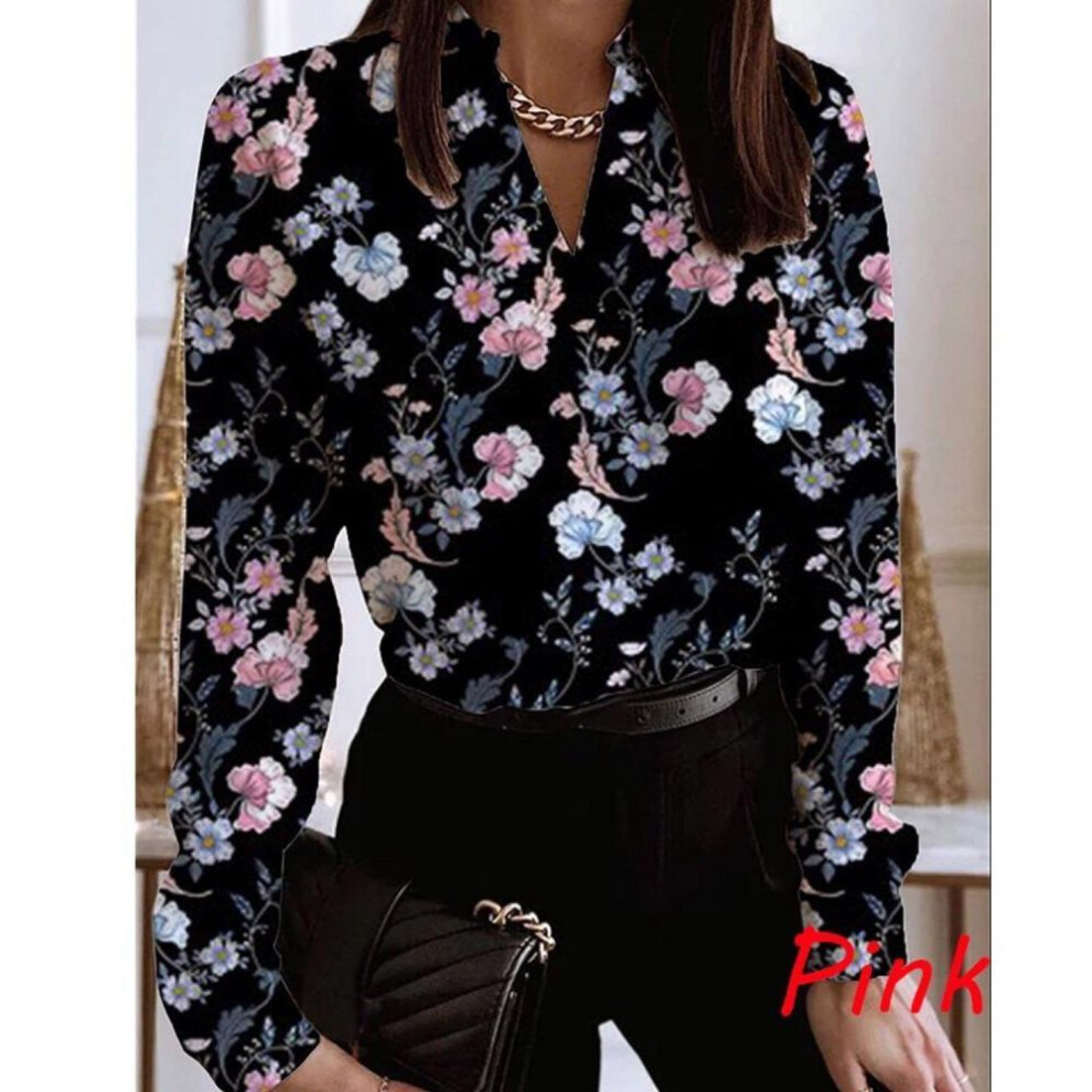 (pink, L) "Stylish Floral Print Stand-Up Collar Long-Sleeve Tops, Large Sizes Available - 50% Off Clearance