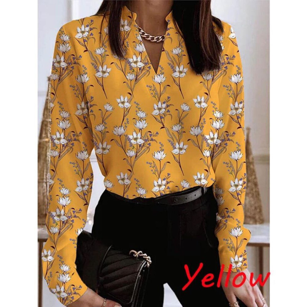 (yellow, 3XL) "Stylish Floral Print Stand-Up Collar Long-Sleeve Tops, Large Sizes Available - 50% Off Clearance