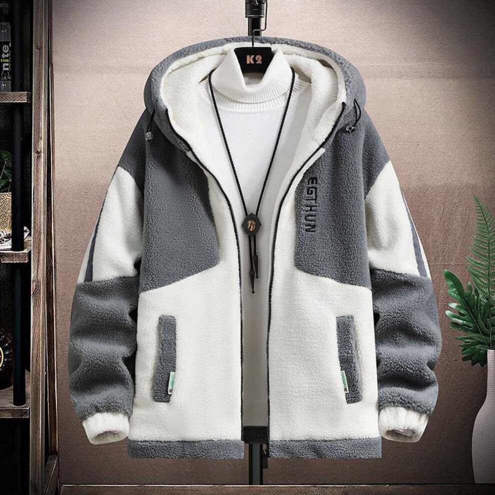 (gray, 8XL) Men's Winter Quilted Lambskin Jacket with Fleece, Loose Fit for Teenagers and Junior High School Students
