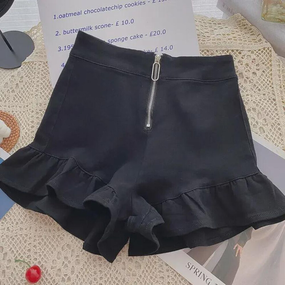 (black, L) 2024 Summer Women's White Ruffled Wide-Leg Zipper Shorts - Slim High Waist Casual Hot Pants
