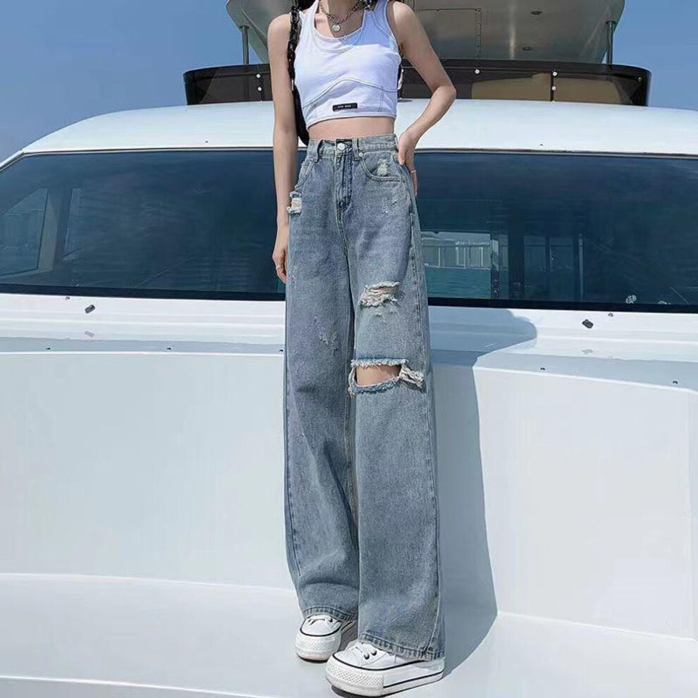 (blue, L) Women's High Waist Slim Ripped Jeans - 2023 Summer Trendy Loose Wide Leg Mopping Pants